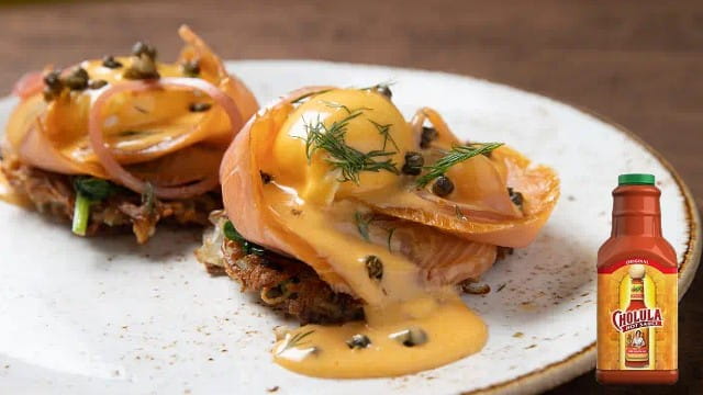 Smoked Salmon Rosti with Cholula Hot Sauce 