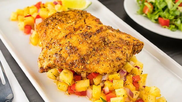 Island Curry Rockfish with Hot Pineapple Salsa