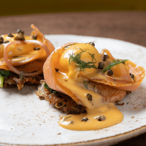 Smoked Salmon Rosti with Cholula Hot Sauce				