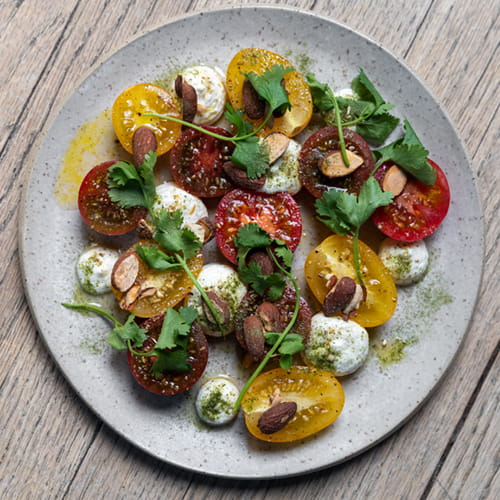 Heritage Tomato Salad Smoked Goat Cheese Vanilla Cardamom Dressing - Recipe