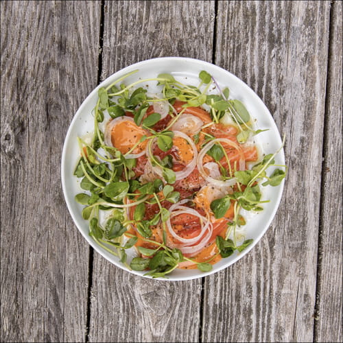 Salmon Crudo with Red Curry Mayo Shallots Shoots and Kombu - Recipe