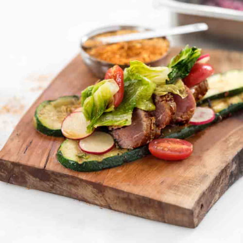 Maple Seared Tuna with Grilled Zucchini Charred Romaine Fresh Grape Tomato Salad and Ponzu - Recipe