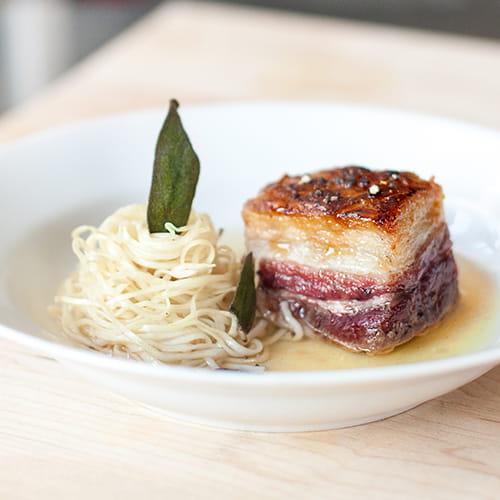 Pumpkin Consomme Roasted Cinnamon Honey Glazed Pork Belly Ramen and Fried Sage - Recipe