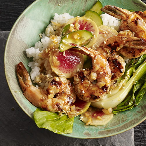 Grilled Sesame Garlic Shrimp Poke with Pickled Radish and Rice - Recipe