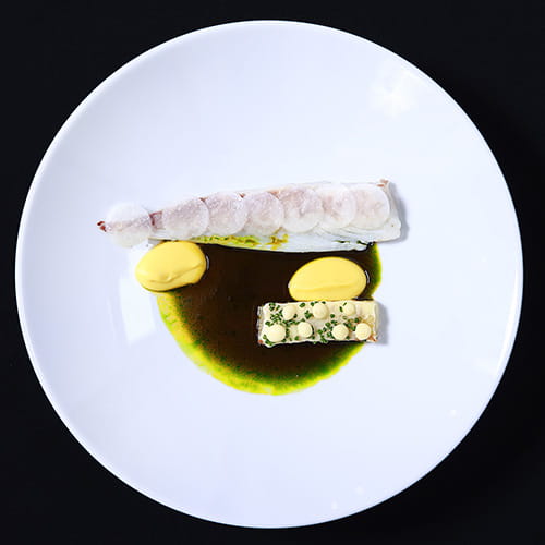 Sea Bream with Pumpkin Puree Pomme de Terre Pickled Daikon Sauce Charcutiere - Recipe