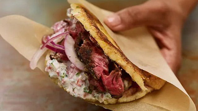 Sweet Plantain & Steak Arepas with Tzatziki Hot