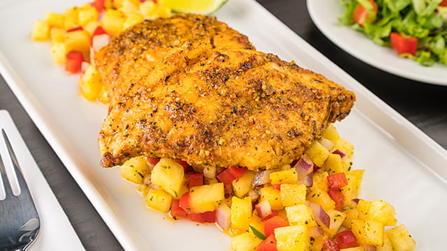 Island Curry Rockfish with Hot Pineapple Salsa