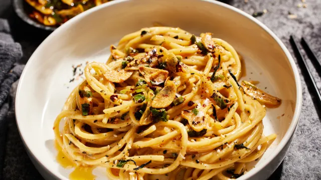 Furikake Bucatini With Spicy Garlic Chili Crisp