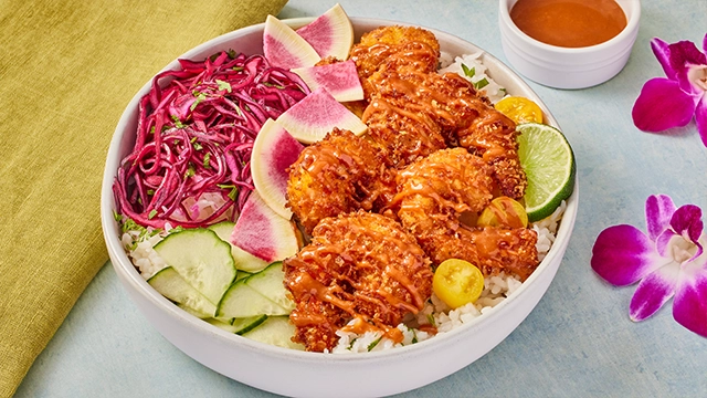 Coconut Shrimp Bowl with Guava BBQ Sauce