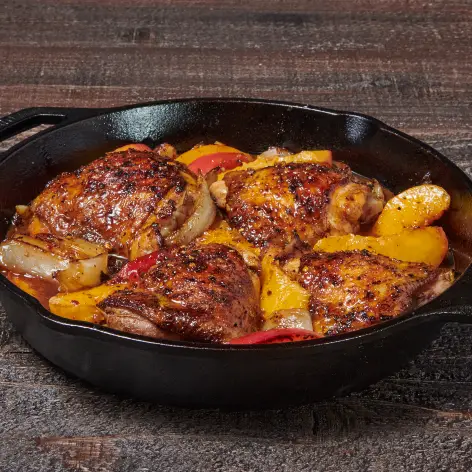 Brown Sugar Bourbon Chicken Thighs with Peaches