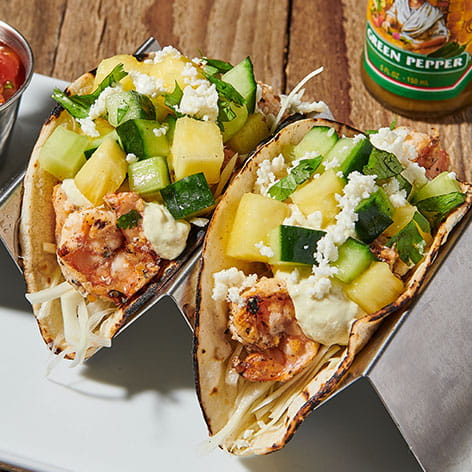 Cholula® Cucumber & Pineapple Shrimp Tacos