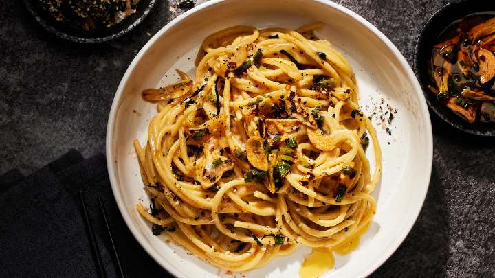 Furikake Bucatini with Spicy Garlic Chili Crisp