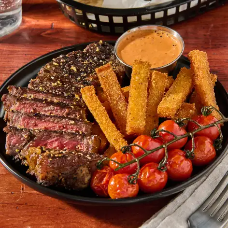 cracked black pepper and garlic steak and polenta fries